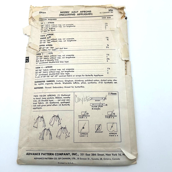 Advance Vintage 1950's Pattern #8839 Half Apron One Size - Picture 6 of 6